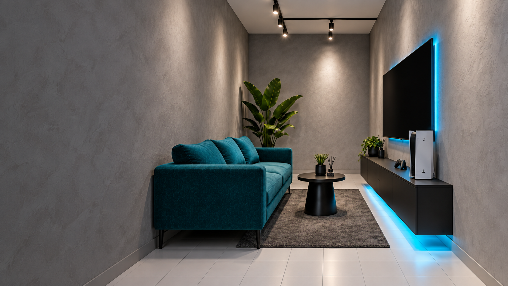 Zona relax con divano turchese, TV e PlayStation 5.